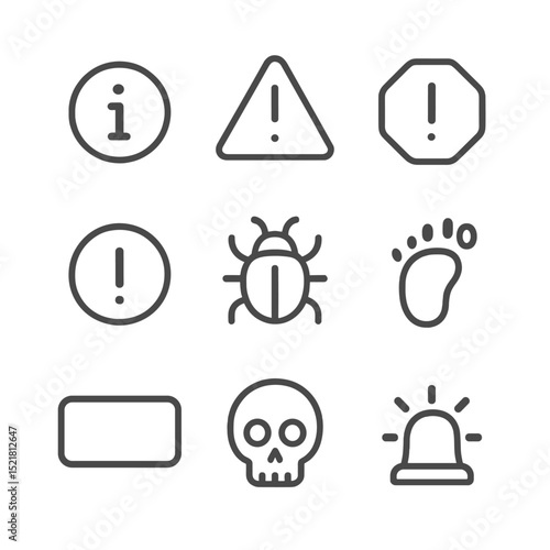 Severity Level Icons. Outline icon set of severity levels: info badge, warning triangle, error stop sign, critical exclamation,