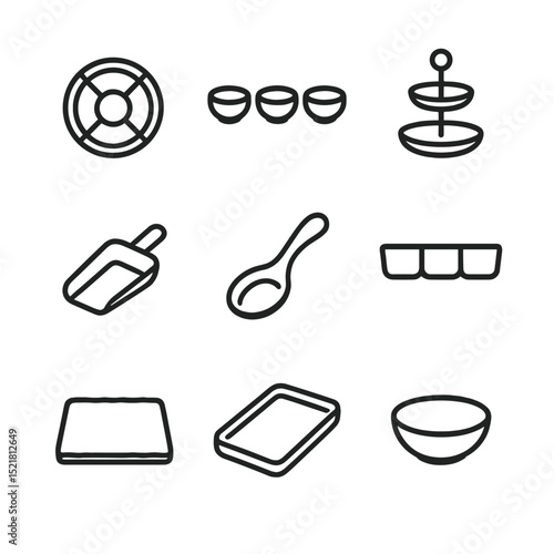 Serving Ware Icons. Outline icon set of serving ware designs: dip sampler platter, mini bowls, tiered tray, chip scoop, spoon rest
