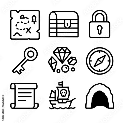 Treasure Icons Grid. Outline icon set of secret treasure: map, treasure chest, lock, golden key, jewels, compass, scroll, pirate