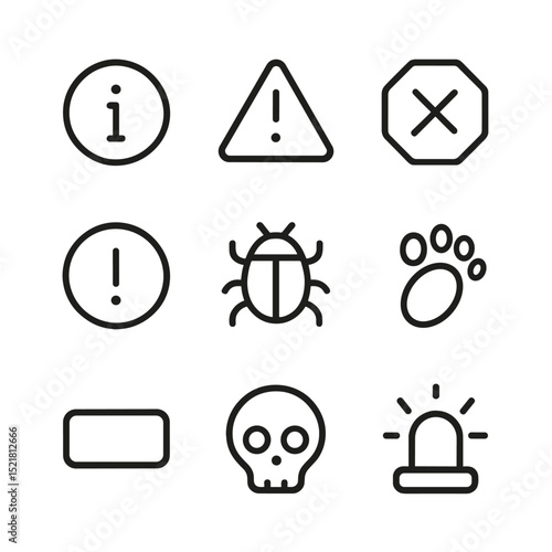 Severity Level Icons. Outline icon set of severity levels: info badge, warning triangle, error stop sign, critical exclamation,