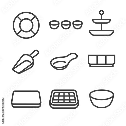 Serving Ware Icons. Outline icon set of serving ware designs: dip sampler platter, mini bowls, tiered tray, chip scoop, spoon rest