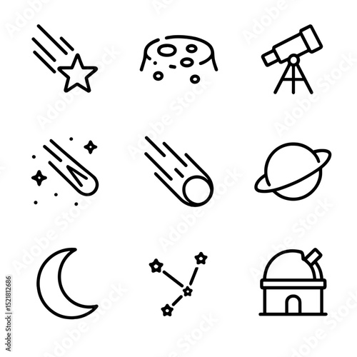 Meteor Shower Icons. Outline icon set of meteor shower: shooting star, crater, telescope, night sky, comet tail, planet, moon
