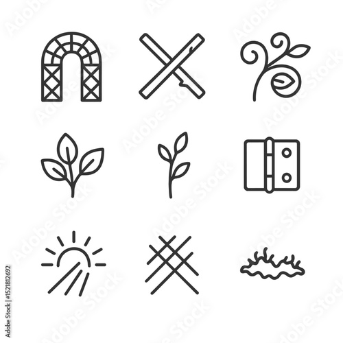 Twig Trellis Icon Set. Outline icon set of twig trellis tunnel: wooden trellis, crossing twig, vine weave, leaf cluster, bud shoot