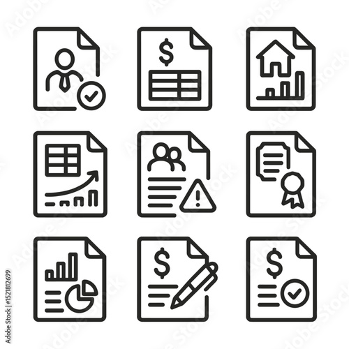 Trustee Management Icons. Outline icon set of trustee management files: trustee appointment letter, trust account ledger, asset