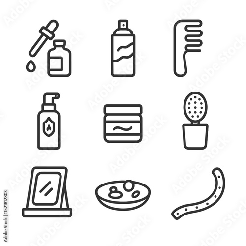Vanity Shelf Icons. Outline icon set of vanity shelf with hair products: hair oil dropper, dry shampoo can, detangling comb, heat