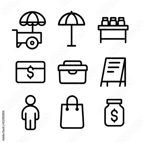 Sidewalk Vendor Icons. Outline icon set of sidewalk vendors market: food cart, vendor umbrella, display table, cash box, cooler,