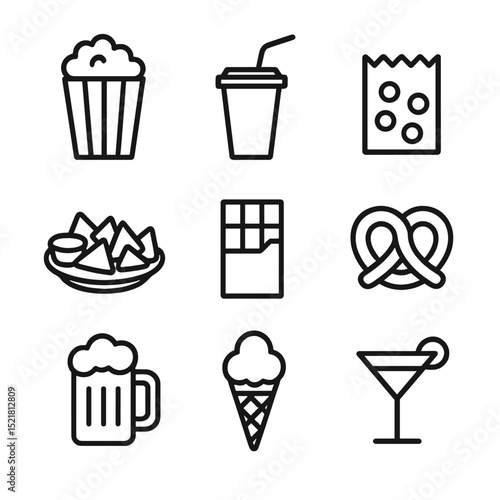 Movie Snack Icons. Outline icon set of movie snacks and drinks: popcorn bucket, soda cup, candy box, nacho plate, chocolate bar,