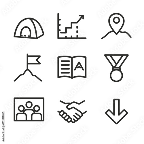 Mountaineering Icons Grid. Outline icon set of mountaineering milestones: base camp tent, acclimatization chart, altitude marker,
