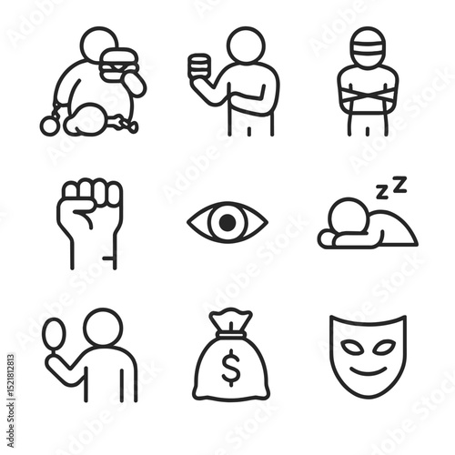 Sins Icon Set. Outline icon set of sinners by sin: glutton chained to food, avarice holding coins, lust figure bound, wrath fist,