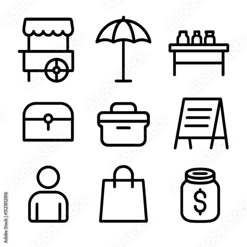 Sidewalk Vendor Icons. Outline icon set of sidewalk vendors market: food cart, vendor umbrella, display table, cash box, cooler,