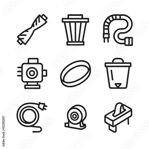 Vacuum Repair Icons. Outline icon set of vacuum cleaner repair: brush roller, filter, hose, motor, belt, dust bin, power cord,