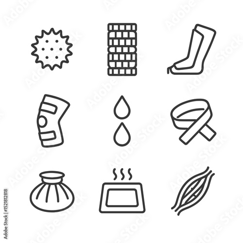 Muscle Therapy Icons. Outline icon set of muscle relief therapy: massage ball, foam roller, compression boot, knee brace, massage