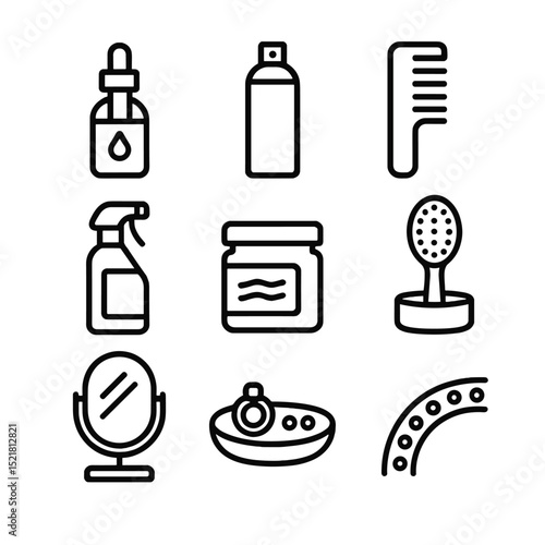 Vanity Shelf Icons. Outline icon set of vanity shelf with hair products: hair oil dropper, dry shampoo can, detangling comb, heat