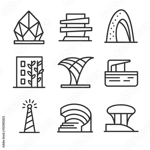 Utopian Architecture Icons. Outline icon set of architectural utopian marvels: crystal pavilion, floating terrace, organic arch,