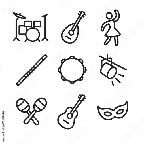 Music and Dance Icons. Outline icon set of music and dance performances: drum set, string instrument, dancer silhouette, flute,