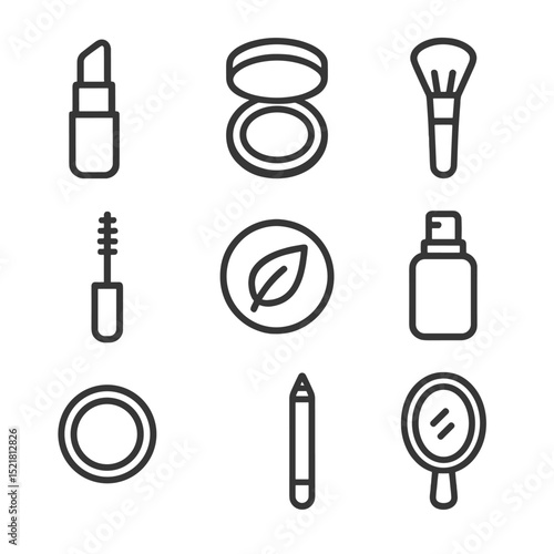Vegan Makeup Icons. Outline icon set of vegan makeup essentials: lipstick tube, compact powder, makeup brush, mascara wand, blush