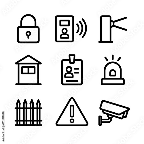 Site Security Icons. Outline icon set of site security and access control: padlock, keycard reader, turnstile, security camera,
