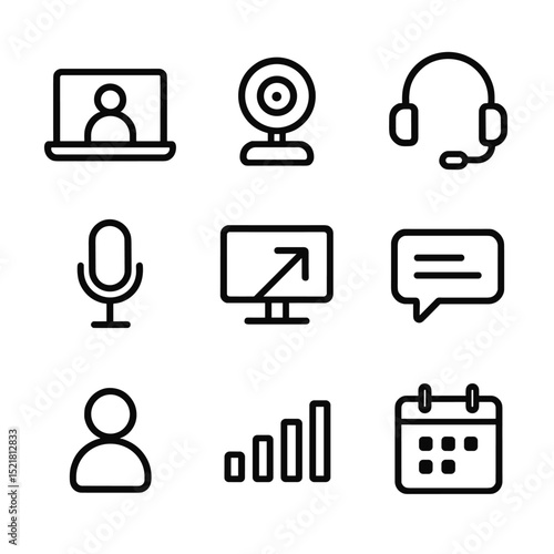 Video Conference Icons. Outline icon set of video conference call: laptop, webcam, headset, microphone, screen share, chat bubble,