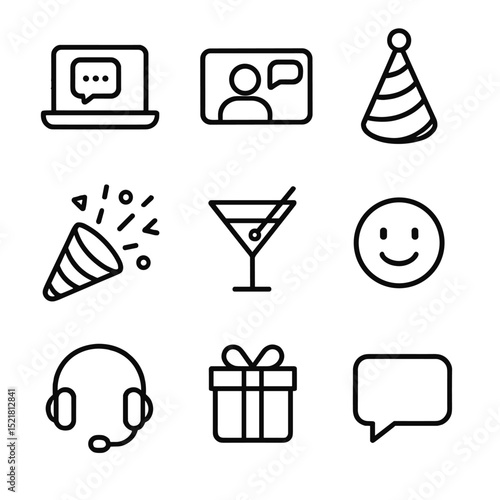 Virtual Pajama Party Icons. Outline icon set of virtual pajama party: laptop with chat, video call window, party hat, confetti