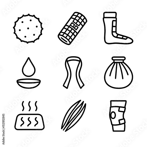 Muscle Therapy Icons. Outline icon set of muscle relief therapy: massage ball, foam roller, compression boot, knee brace, massage