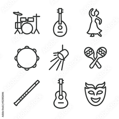 Music and Dance Icons. Outline icon set of music and dance performances: drum set, string instrument, dancer silhouette, flute,