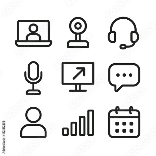 Video Conference Icons. Outline icon set of video conference call: laptop, webcam, headset, microphone, screen share, chat bubble,