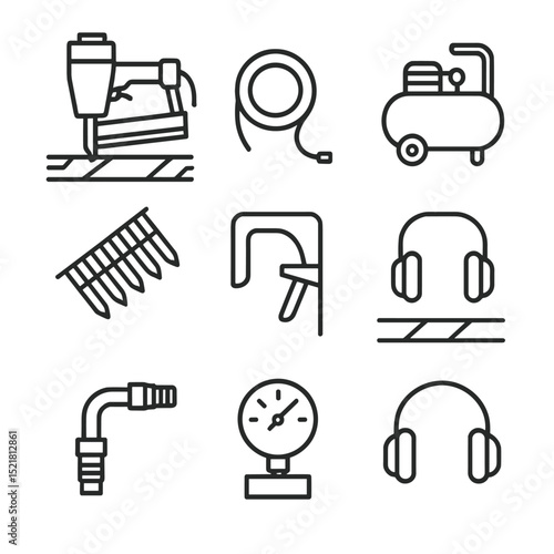 Nail Gun Icon Set. Outline icon set of nail gun on girder: pneumatic nail gun, air hose, compressor, nail strip, trigger safety,