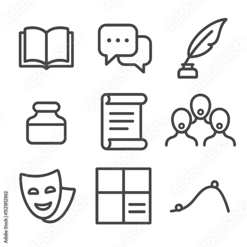 Narrative Symbols Icons. Outline icon set of collective narrative symbols: open book, dialogue bubbles, quill pen, ink pot, script