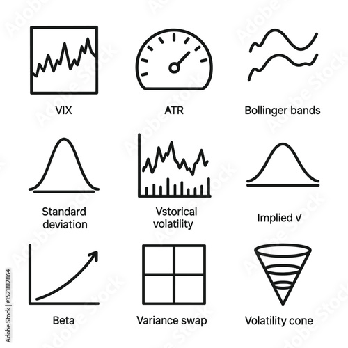 Volatility Icons Set. Outline icon set of volatility indicators: VIX index, ATR gauge, Bollinger bands, standard deviation curve,