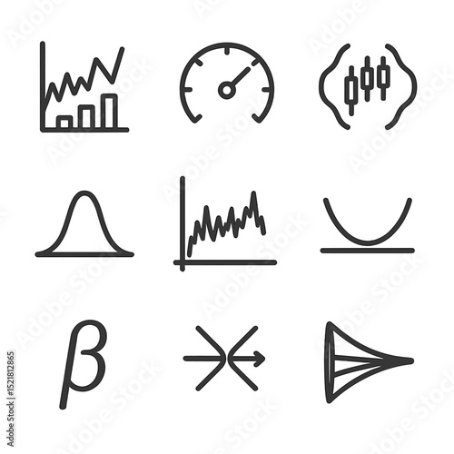 Volatility Icons Set. Outline icon set of volatility indicators: VIX index, ATR gauge, Bollinger bands, standard deviation curve,