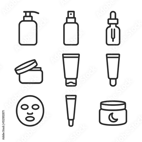 Skincare Routine Icons. Outline icon set of skincare routine steps: cleanser pump, toner spray, serum dropper, moisturizer jar,