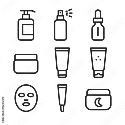 Skincare Routine Icons. Outline icon set of skincare routine steps: cleanser pump, toner spray, serum dropper, moisturizer jar,