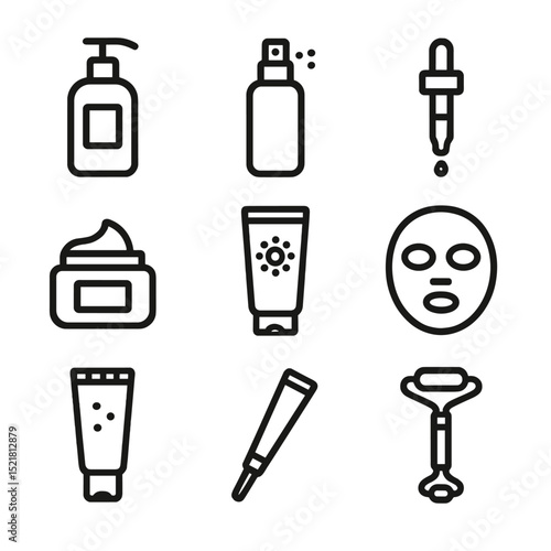 Skincare Icon Set. Outline icon set of skincare routines: cleanser bottle, toner spray, serum dropper, moisturizer jar, sunscreen