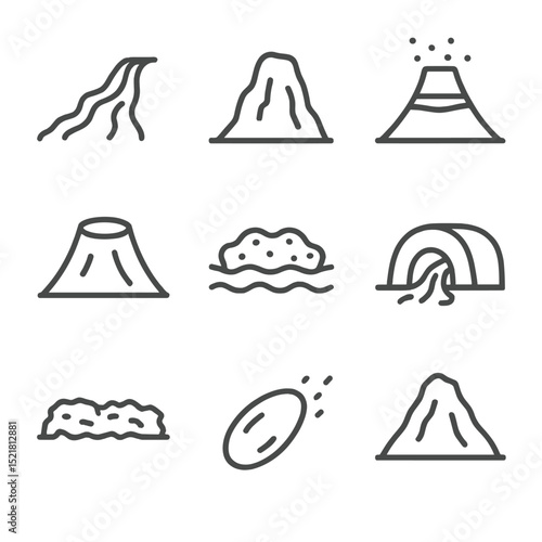 Volcanic Rock Icon Set. Outline icon set of volcanic rock structures: lava flow, volcanic plug, ashfall layer, tuff cone, pumice