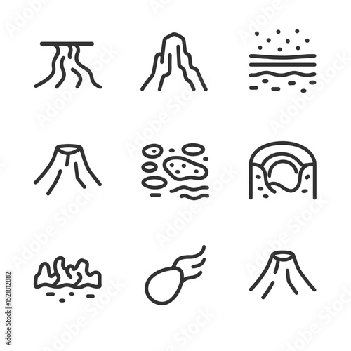 Volcanic Rock Icon Set. Outline icon set of volcanic rock structures: lava flow, volcanic plug, ashfall layer, tuff cone, pumice