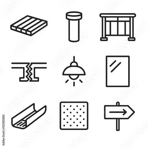 Skybridge Icon Set. Outline icon set of skybridge structural components: walkway deck, support column, guardrail, glass panel,