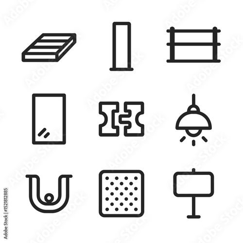Skybridge Icon Set. Outline icon set of skybridge structural components: walkway deck, support column, guardrail, glass panel,