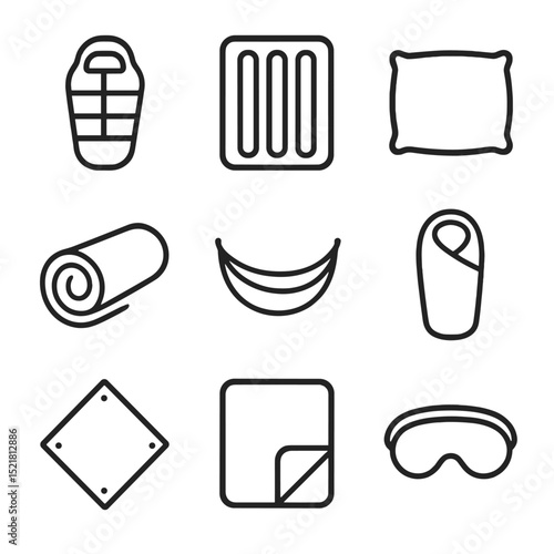 Sleeping Gear Icons. Outline icon set of sleeping gear: sleeping bag, inflatable mattress, pillow, ground pad, hammock, bivy sack,