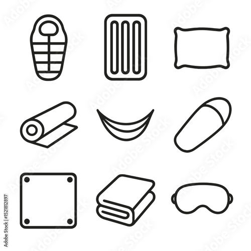 Sleeping Gear Icons. Outline icon set of sleeping gear: sleeping bag, inflatable mattress, pillow, ground pad, hammock, bivy sack,