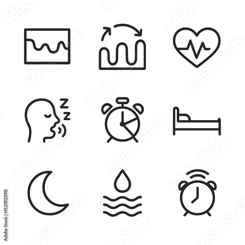 Sleep Tracking Icons. Outline icon set of sleep tracking interface: sleep graph, REM cycle, heart rate, snore monitor, wake-up