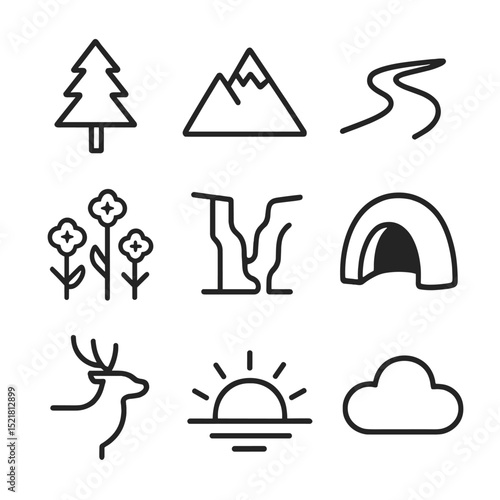 Nature Icon Grid. Outline icon set of environmental features: pine tree, mountain peak, river stream, wildflower patch, canyon