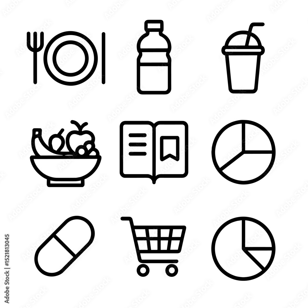 Nutrition Icon Set. Outline icon set of nutrition coaching: meal plate, water bottle, protein shake, fruit bowl, food diary, Nutrition Icon Set. Outline icon set of nutrition coaching: meal plate, water bottle, protein shake, fruit bowl, food diary,