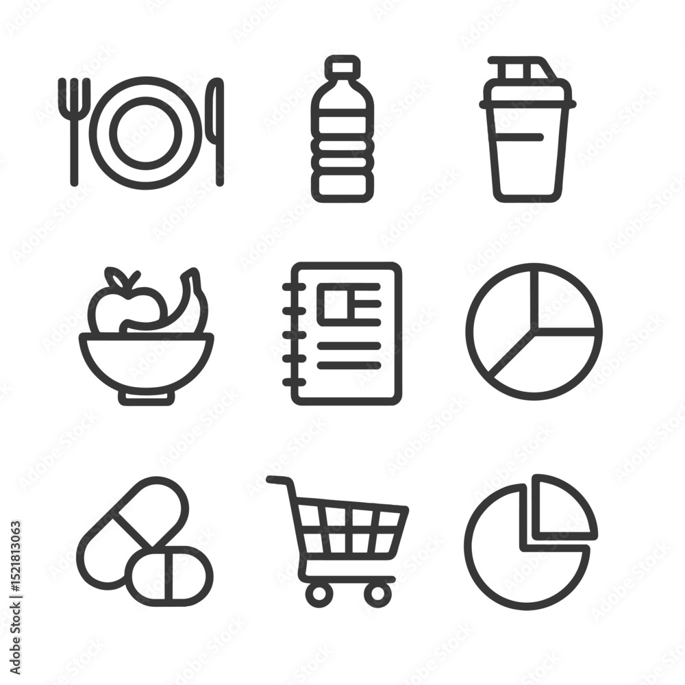Nutrition Icon Set. Outline icon set of nutrition coaching: meal plate, water bottle, protein shake, fruit bowl, food diary, Nutrition Icon Set. Outline icon set of nutrition coaching: meal plate, water bottle, protein shake, fruit bowl, food diary,