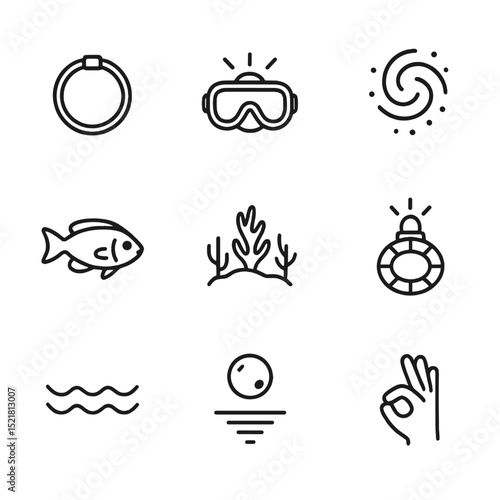 Night Snorkeling Icons. Outline icon set of night snorkeling scene: glow stick wristband, headlamp mask, bioluminescent plankton