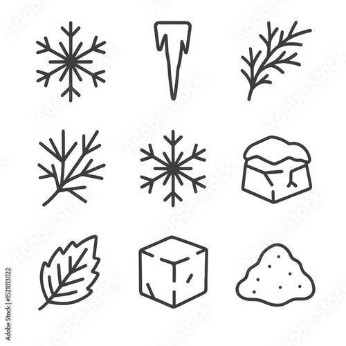 Snow and Ice Icons. Outline icon set of snowflake and ice formations: snowflake, icicle, frost pattern, hoarfrost, ice crystal,