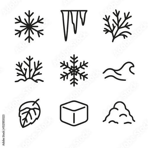 Snow and Ice Icons. Outline icon set of snowflake and ice formations: snowflake, icicle, frost pattern, hoarfrost, ice crystal,