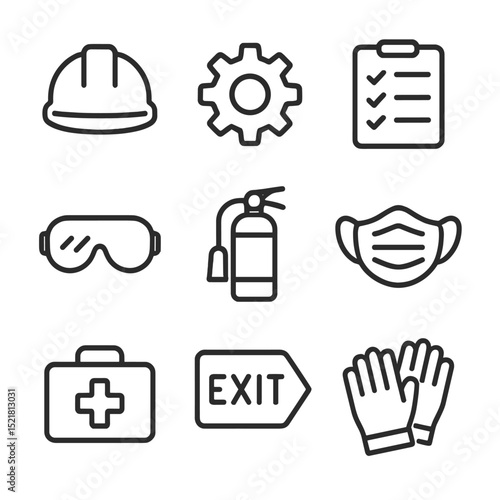 Workplace Safety Icons. Outline icon set of safe workplace environment: hard hat, gear, checklist, safety goggles, fire