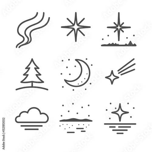 Night Sky Icon Set. Outline icon set of starry night sky and northern lights: ribbon aurora, starburst, polar star, horizon line,