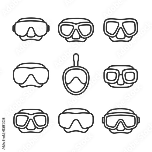 Snorkeling Mask Icons. Outline icon set of snorkeling mask types: single-lens mask, dual-lens mask, panoramic mask, frameless mask