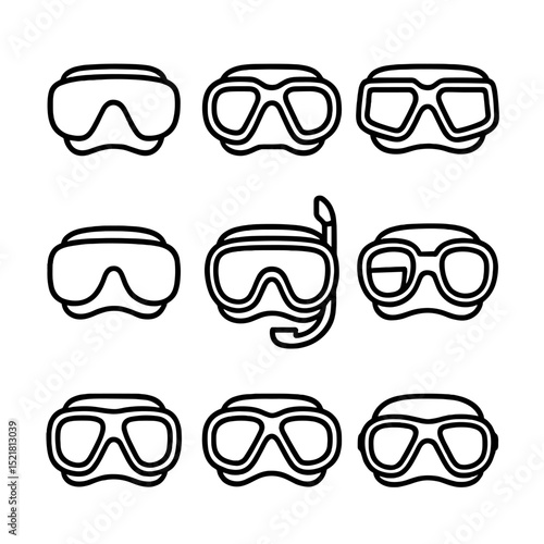 Snorkeling Mask Icons. Outline icon set of snorkeling mask types: single-lens mask, dual-lens mask, panoramic mask, frameless mask